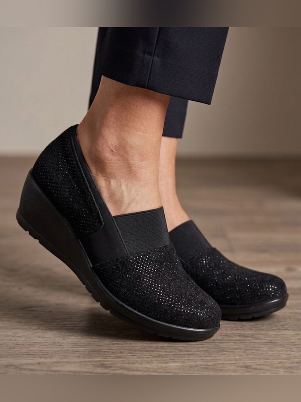Little Empresses Black Sparkle Wedge Slip-on Shoes